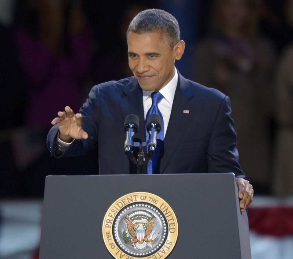 Barack Obama, eskerrak emateko eman duen hitzaldian. Argazkia: EFE