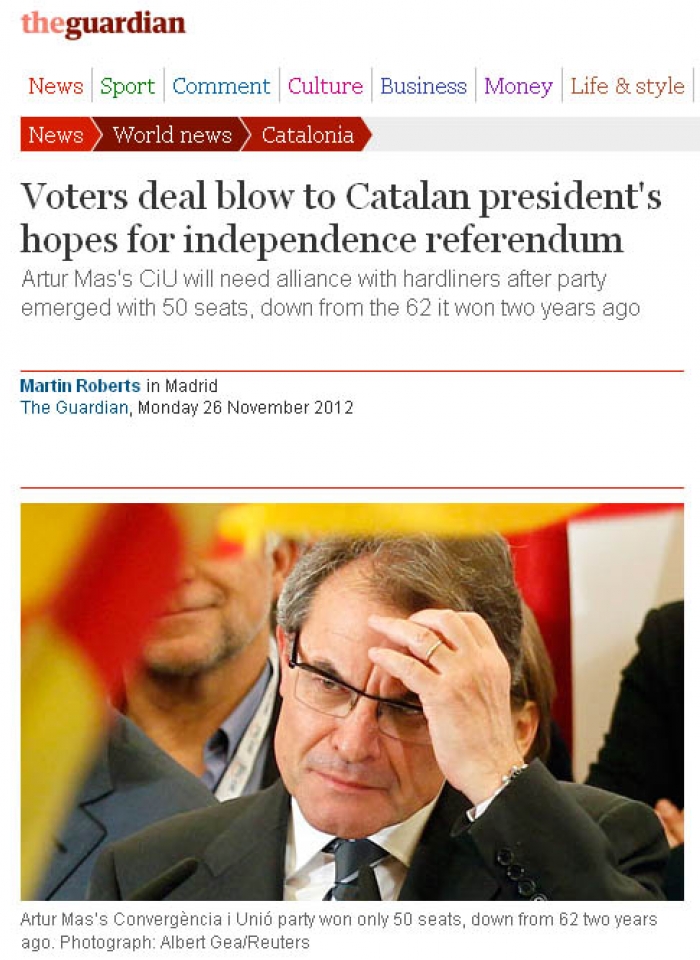 Noticia sobre las elecciones catalanas en 'The Guardian'.