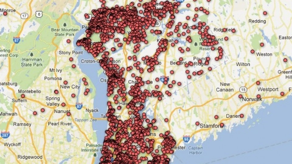 Mapa publicado por The Journal News sobre la ubicación de personas con permiso en armas. 