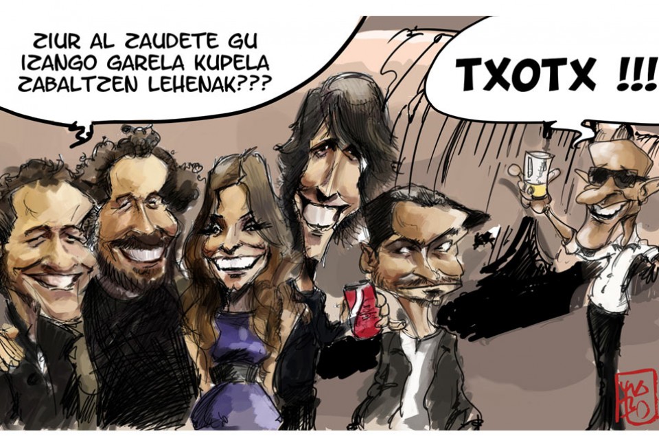 Ilustración de los protagonistas de la nueva temporada de sidrerías. Es obra de Josu Maroto para la revista Goiberri.