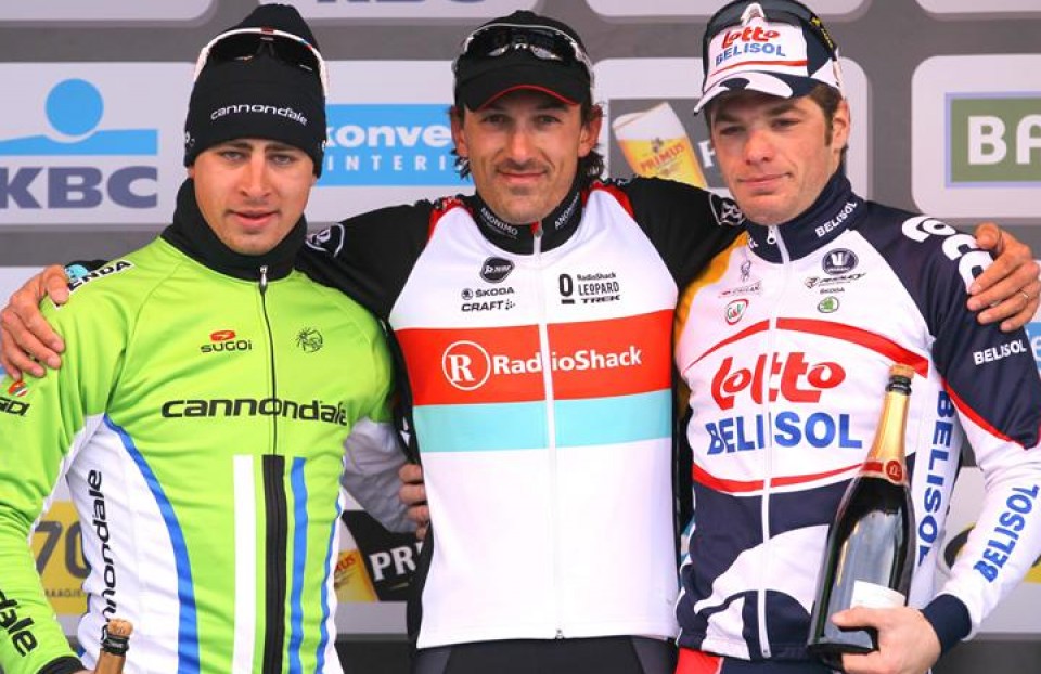 Flandeseko Tourra: Cancellara (irabazlea), Sagan (bigarren) eta Roelandts (hirugarren) podiumean. Argazkia: EFE