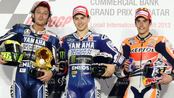 Ezkerretik eskumara, Rossi, Lorenzo eta Marc Marquez. Argazkia: EFE