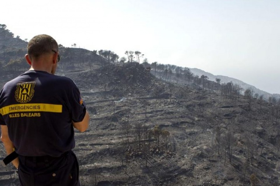 Un bombero ante la zona afectada por el incendio de Andratx (Mallorca). 