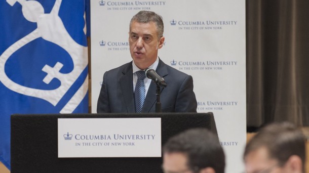 El lehendakari Urkullu, durante su intervención en la Universidad de Columbia, en EE.UU.