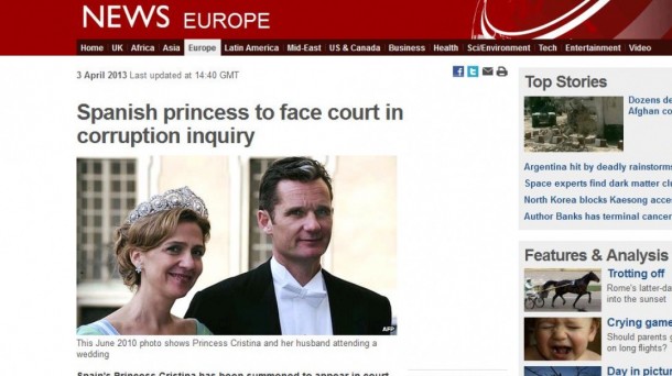 Portada de la BBC en la que recoge la imputación de la infanta