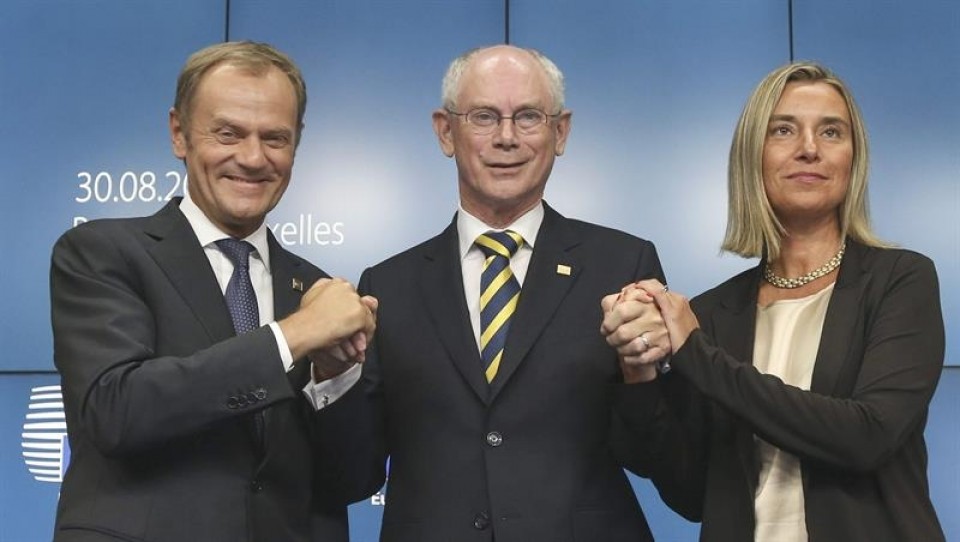 Donald Tusk, Van Rompuy eta Federica Mogherini. Argazkia: EFE