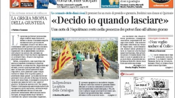 Portada de hoy del Corrier della Sera, con la referencia a la consulta, en el centro de la portada