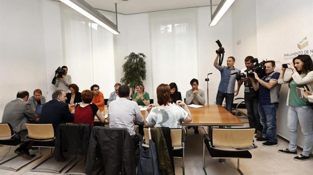 La reunión que Podemos, Geroa Bai, EH Bildu, e Izquierda-Ezkerra han mantenido este martes. EFE