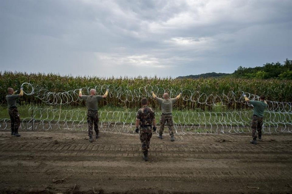 Soldados erigen una alambrada de espino enla frontera entre Serbia y Hungría. Foto: EFE