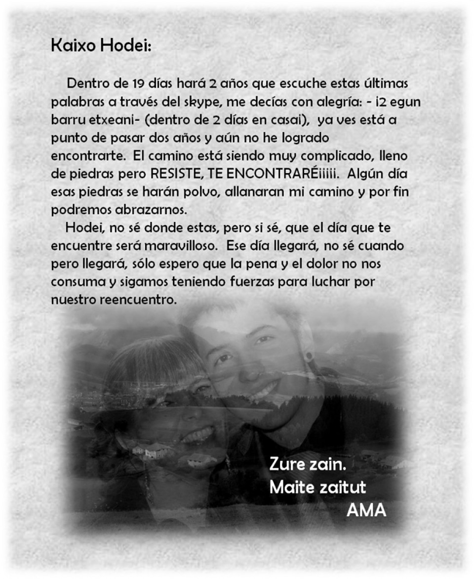 La carta de la madre de Hodei Egiluz, Koro Díaz. Foto: Hodei Missing
