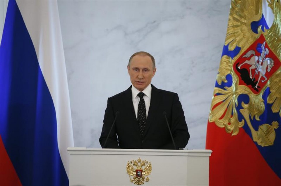 Vladimir Putin, Legebiltzarrean egin duen Estatuaren Egoerari buruzko mintzaldian. Argazkia: EFE