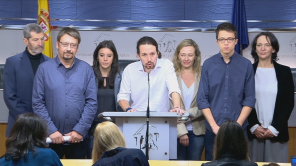 Comparecencia de prensa de Podemos, tras la reunión del viernes con el rey. EFE