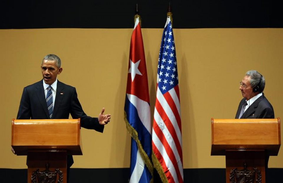 Castro y Obama en la conferencia de prensa, tras la reunión. Foto: EFE