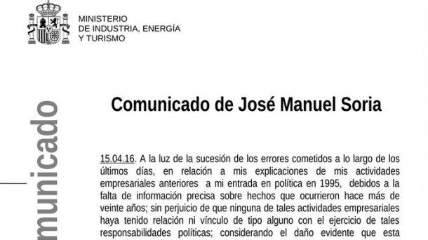 Imagen del comunicado enviado a los medios por José Manuel Soria. EFE