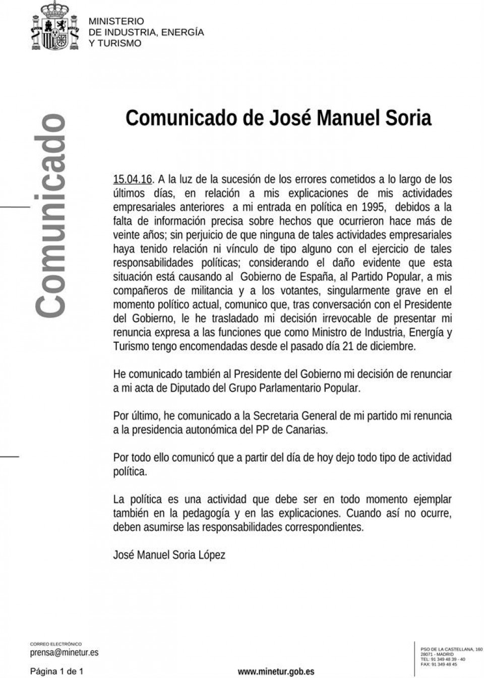 Comunicado íntegro de José Manuel Soria sobre su renuncia