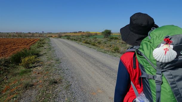 Peregrino del Camino de Santiago en una carretera.