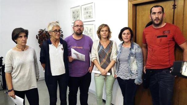 Miembros de ELA, LAB y Steilas durante la presentación del calendario de movilizaciones. Foto: EFE