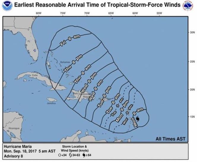 La posible trayectoria del huracán María. Imagen: EFE