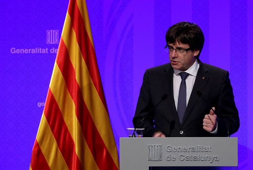Carles Puigdemont, prentsaurrekoan. Argazkia: EFE.