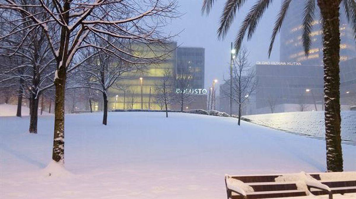 La biblioteca de la Universidad de Deusto nevada.