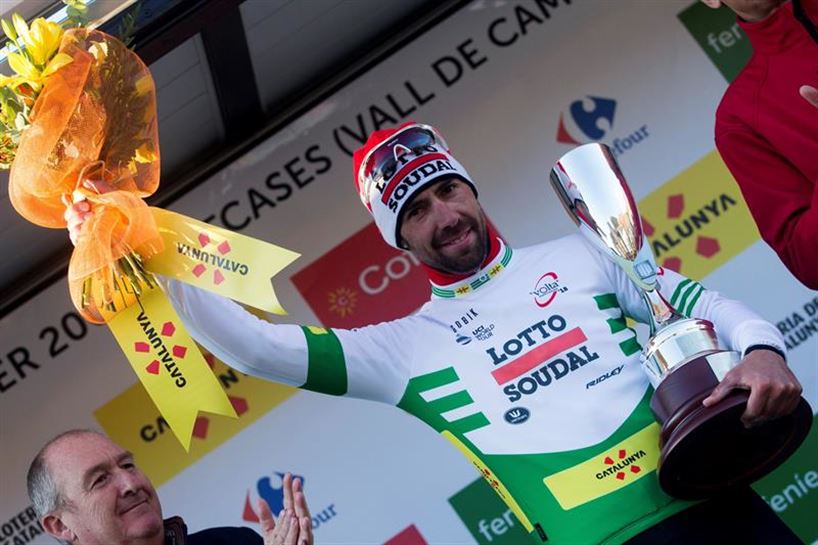 Thomas de Gendt, lider, hirugarren etaparen ostean. EFE