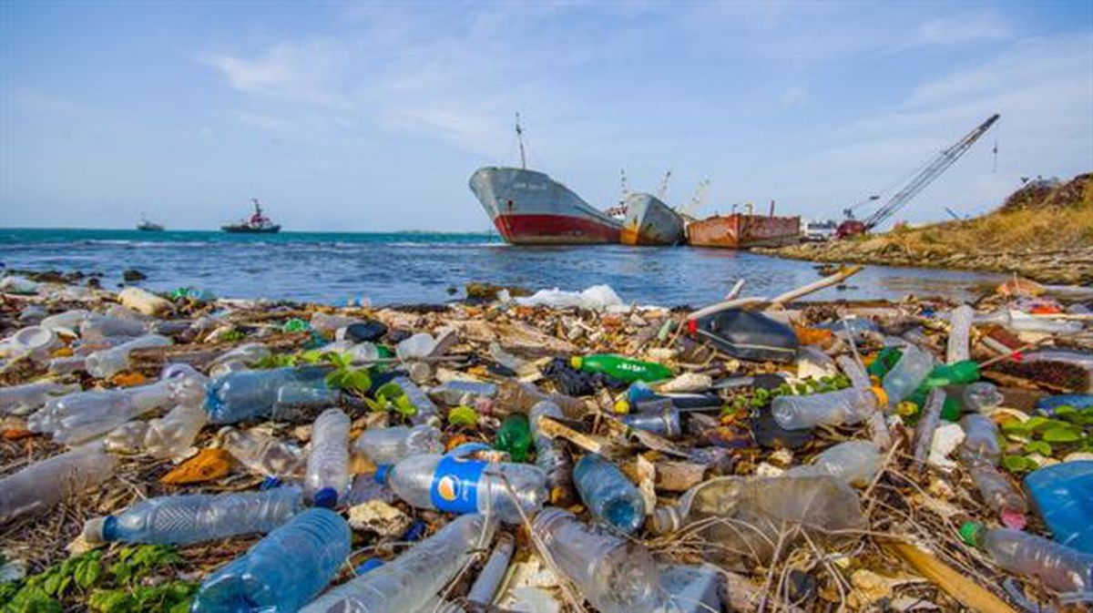 Cientos de botellas de plástico en la costa. Foto sacada de un vídeo de ETB