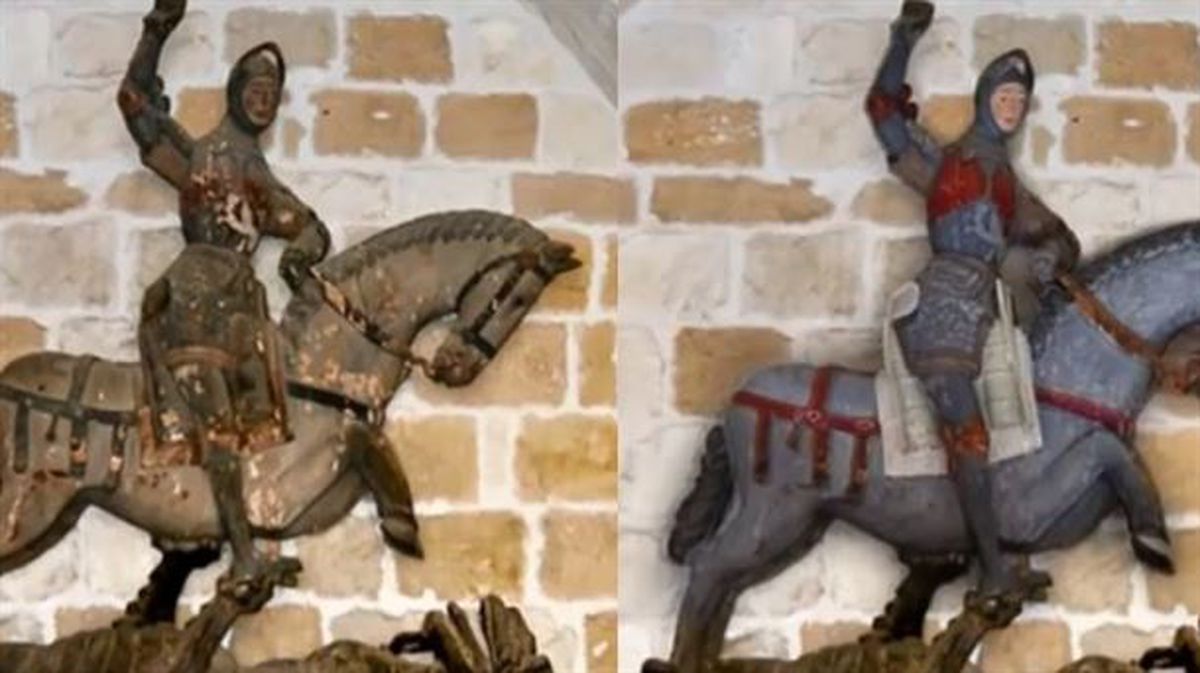 Escultura de San Jorge, de la iglesia de Estella (Navarra), antes y después de su restauración. EiTB