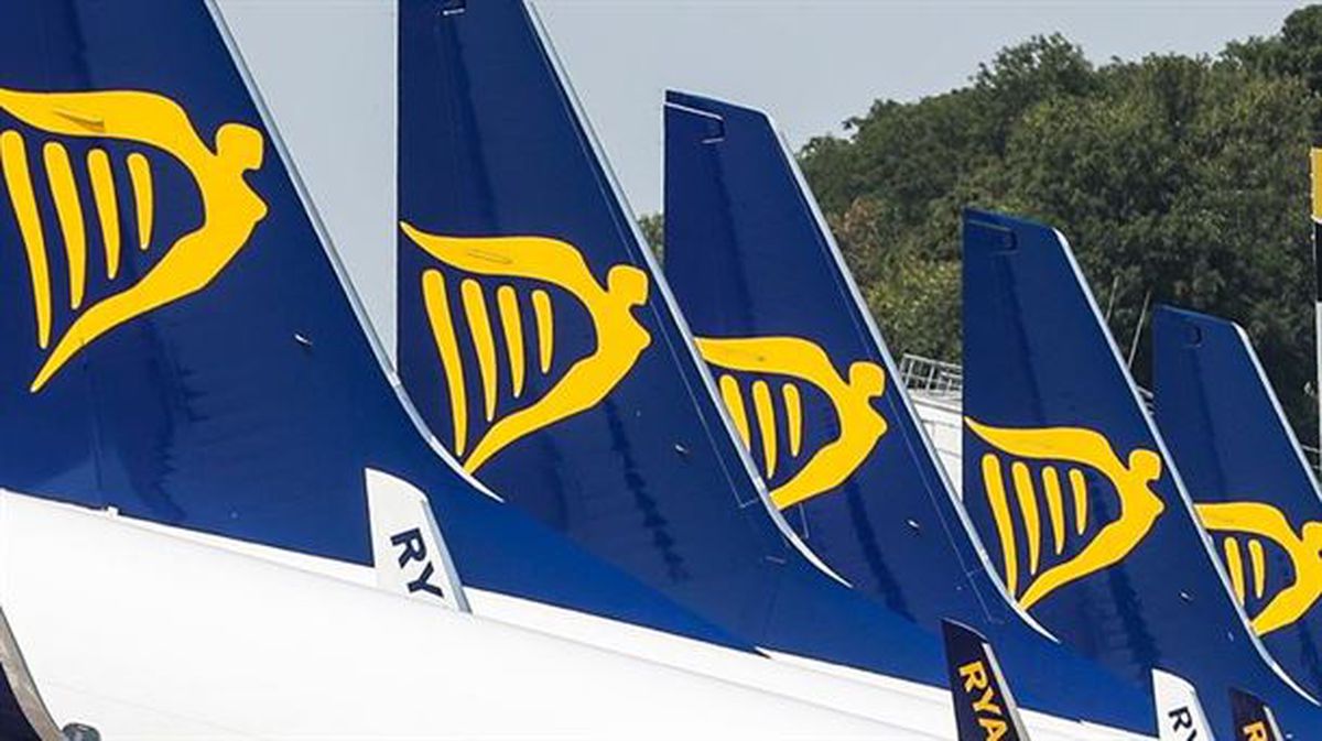 Ryanairren hegazkinak, arpa irlandarraren sinboloa ageri dutela