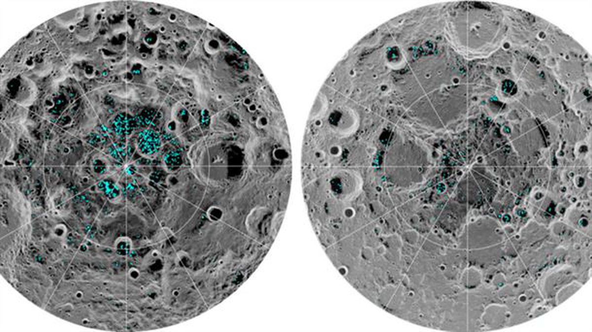 Superficie lunar en las que se ha detectado presencia de hielo. Imagen: NASA