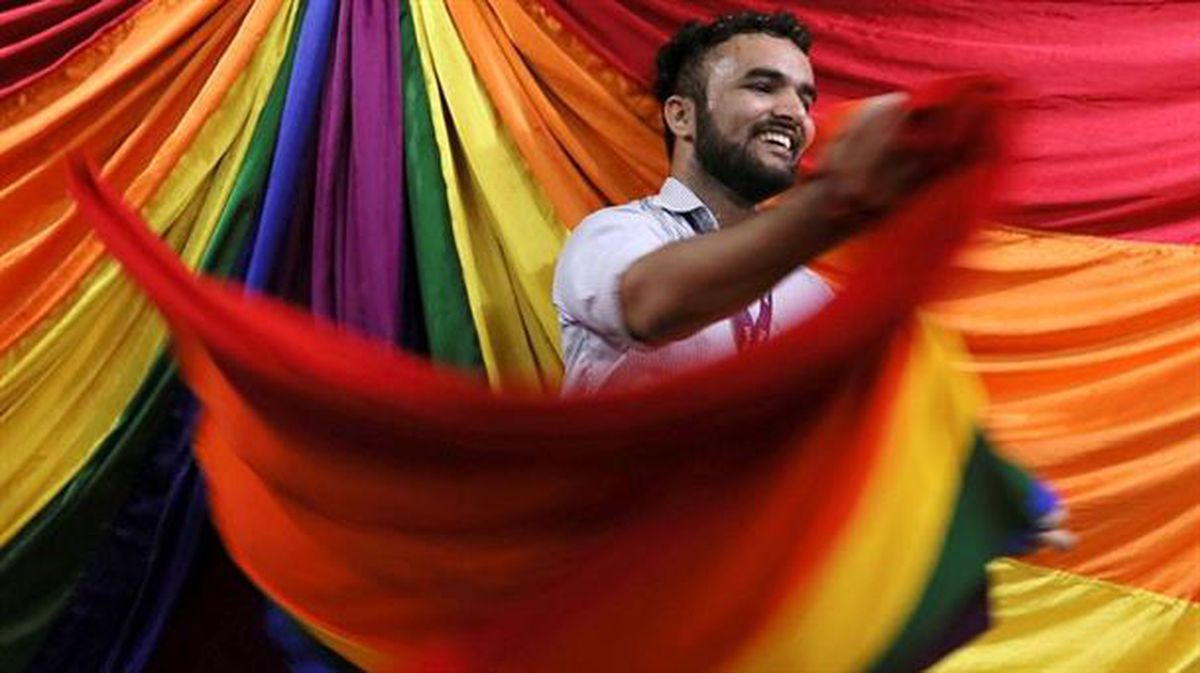 Miembros de la comunidad LGTB india celebran el fallo sobre las relaciones homosexuales. 