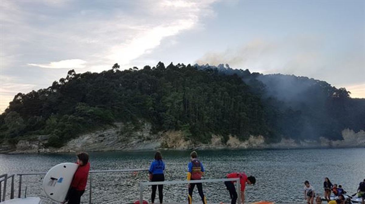 Vista del incendio desatado en una zona forestal de Barrika (Bizkaia). Foto: eitb.eus