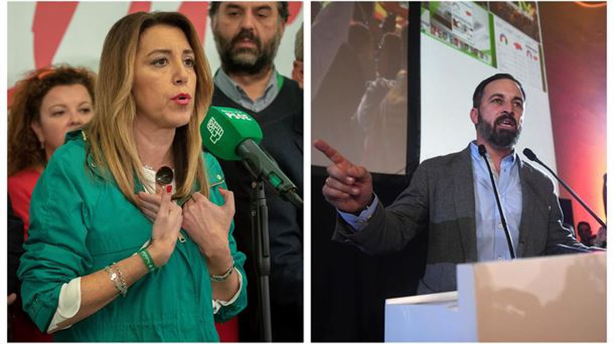 El candidato Francisco Serrano y el presidente Santiago Abascal celebran los resultados de Vox.