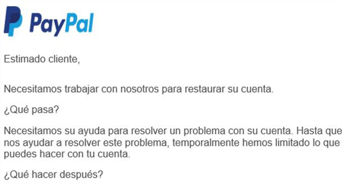 Uno de los correos electrónicos fraudulentos enviados (PayPal)