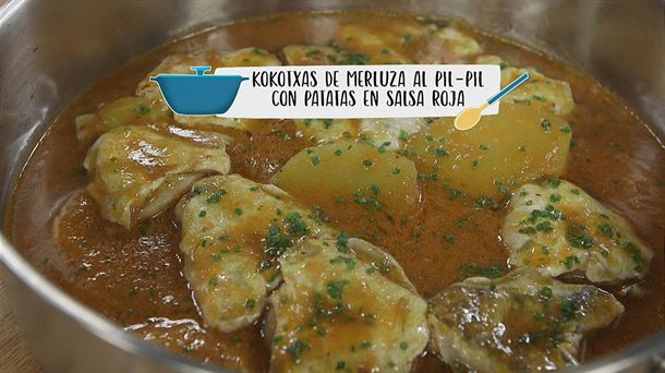 Kokotxas de merluza al pil-pil con patatas en salsa vizcaína