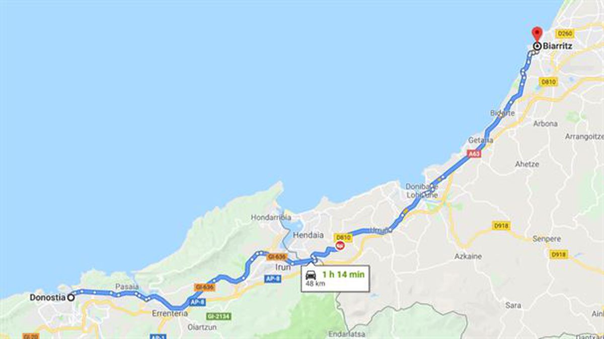 Donostia eta Biarritz arteko google mapsen ibilbidea