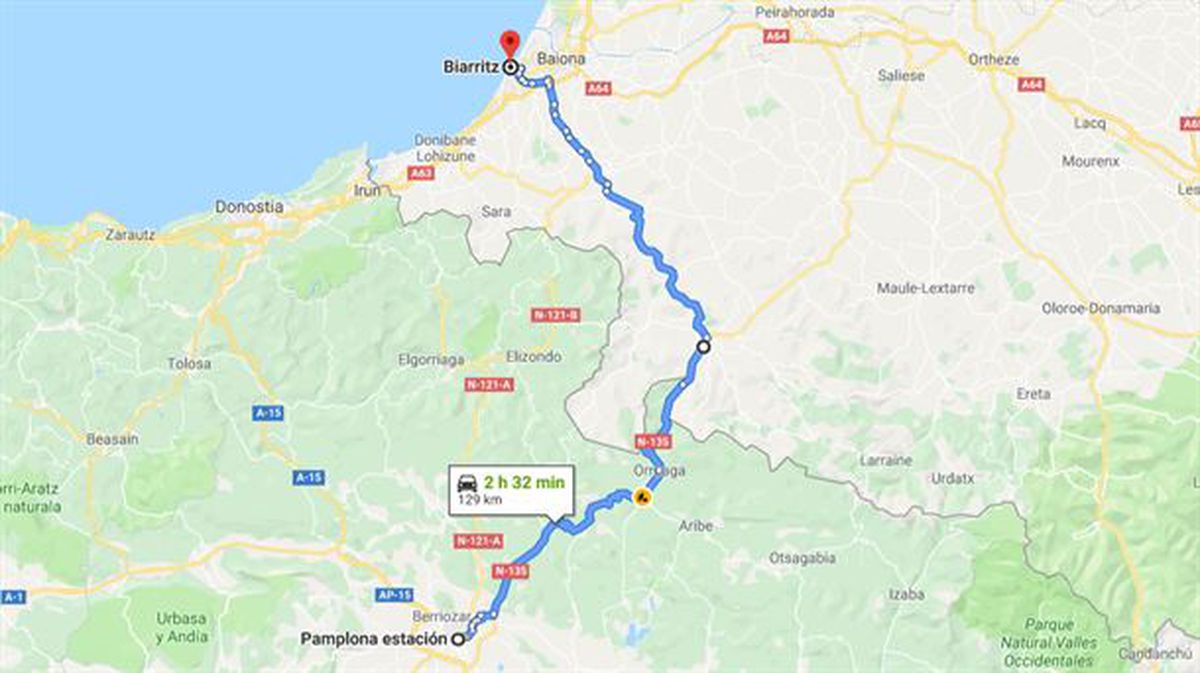 Iruña eta Biarritz arteko google mapsen ibilbidea