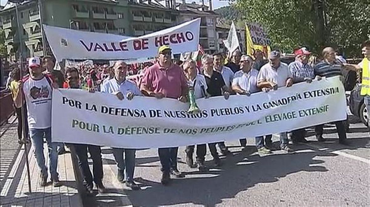 Hartzaren eta otsoaren aurkako manifestazioa Huescan. ETBko bideo batetik hartutako irudia.