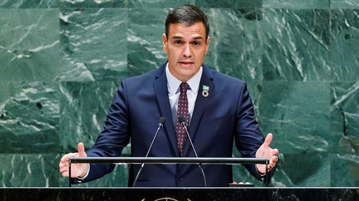 Pedro Sanchez Espainiako Gobernuko jarduneko presidentea, NBEren Batzar Orokorrean