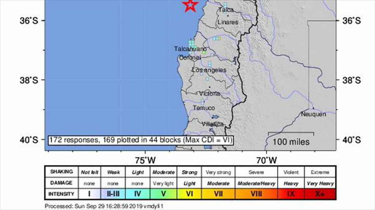 Mapa del terremoto de Chile. Foto: EFE