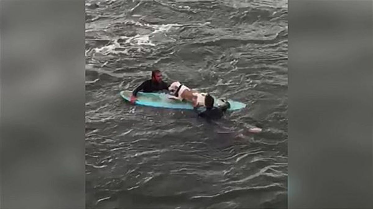 Imagen de los surfistas rescatando al perro