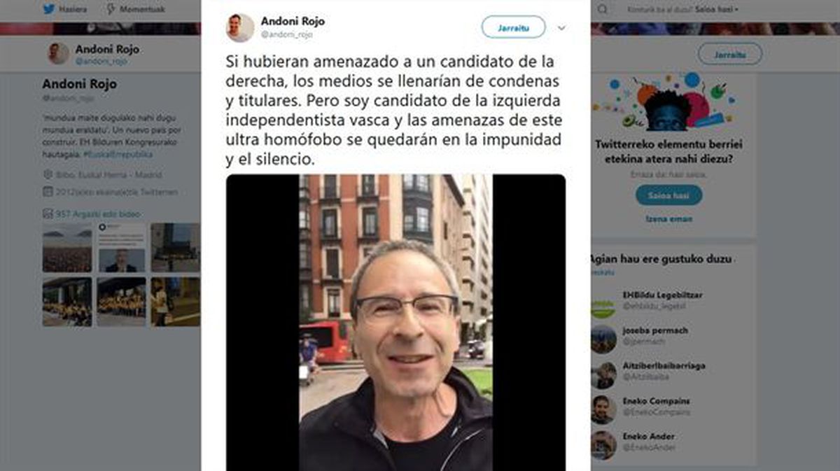 Mensaje de Andoni Rojo, el tercero en la lista de EH Bildu al Congreso por Bizkaia.