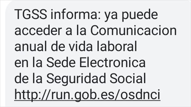 Mensaje enviado por la TGSS dentro de su campaña para informar de la vida laboral.