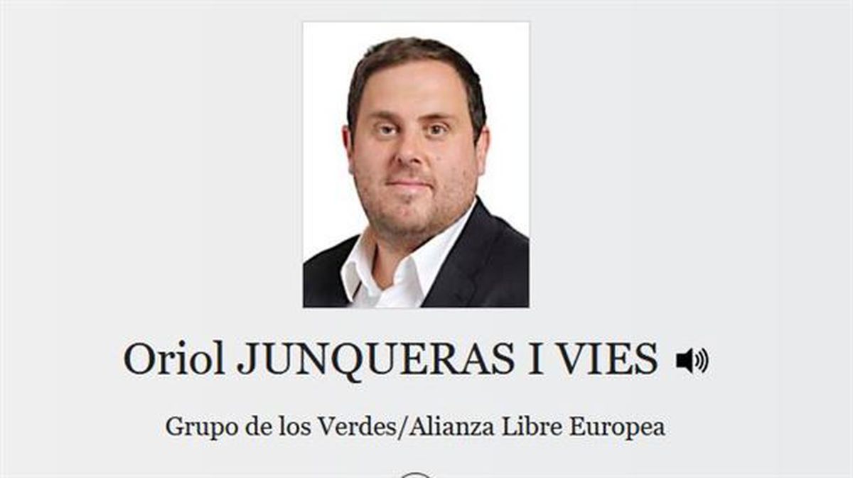 Ficha de Oriol Junqueras como Eurodiputado. Foto: web del Parlamento Europeo.