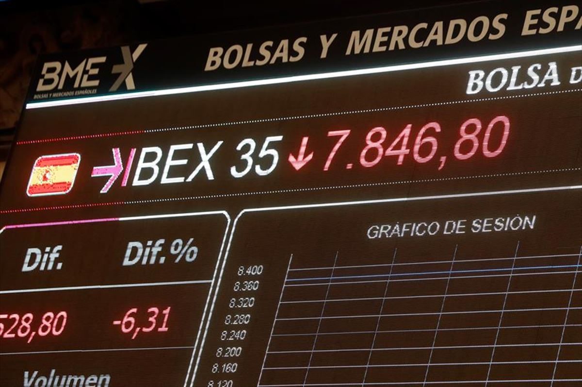 Una pantalla la caída del IBEX 35 en la Bolsa tras la apertura de la sesión, este lunes.