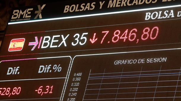 Una pantalla la caída del IBEX 35 en la Bolsa tras la apertura de la sesión, este lunes.