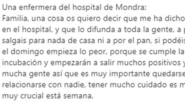 Mensaje recibido por WhatsApp de la "enfermera de Mondra"