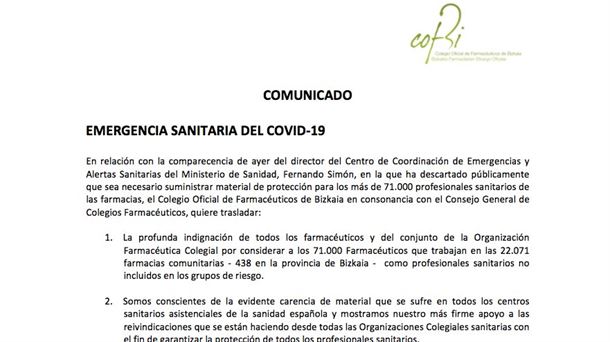 Comunicado del Colegio Oficial de Farmacéuticos de Bizkaia.