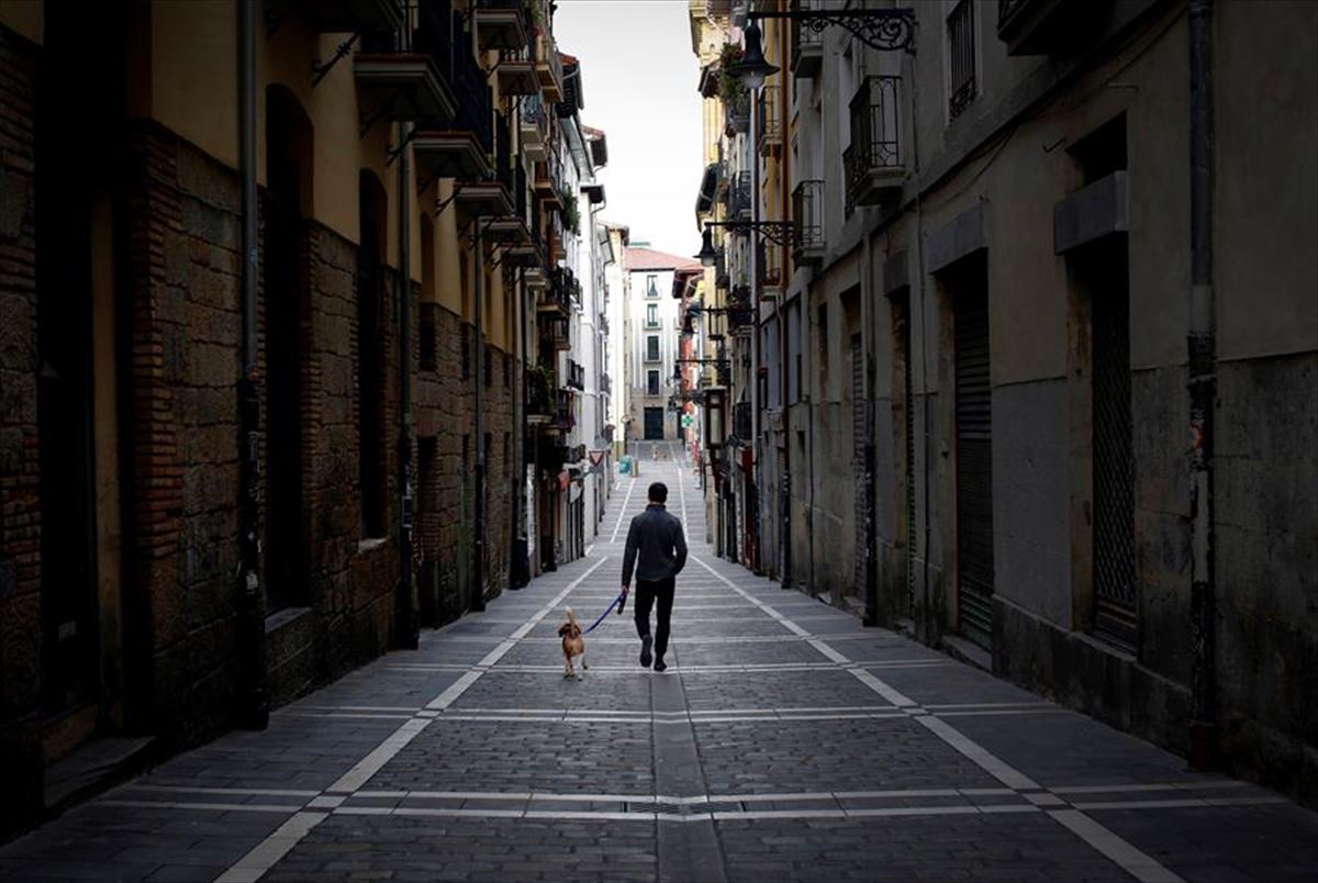 Una persona pasea su mascota por las calles de Pamplona.