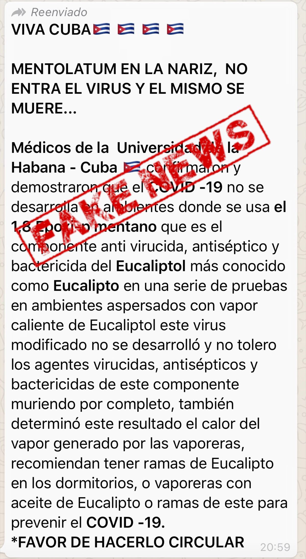 Mensaje de WhatsApp sobre un estudio de la Universidad de la Habana sobre el eucalipto.