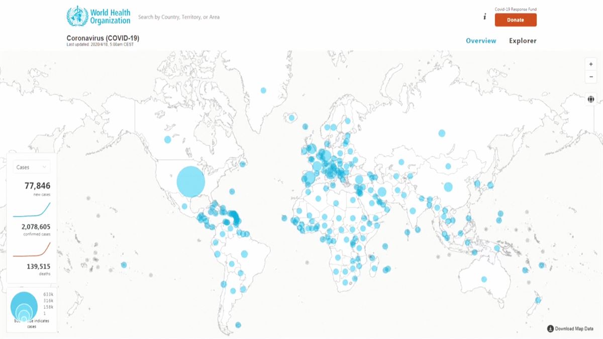 Mapa del mundo con casos de COVID-19.